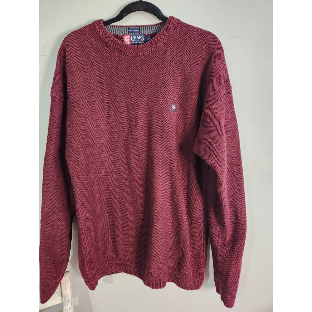 Y2K Chaps Ralph Lauren Sweater Mens Size Large‎ Burgundy Hand Framed Herringbone